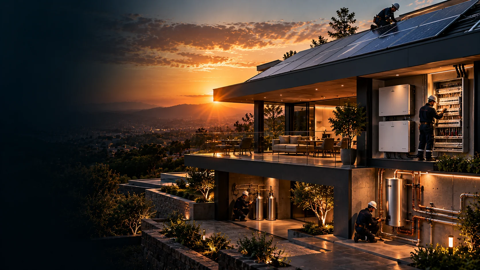 Illustrative integrated solar, electrical, gas and plumbing installation on a modern property